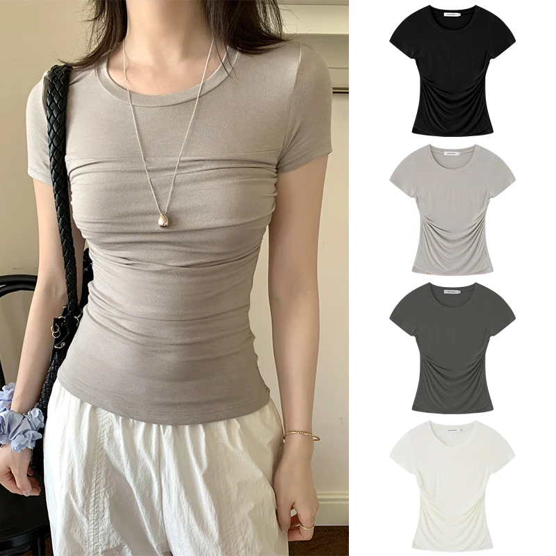 

Летний топ Sweetknit Spicy Girl с плиссированной талией, коротким рукавом, из трикотажной ткани, приталенный крой