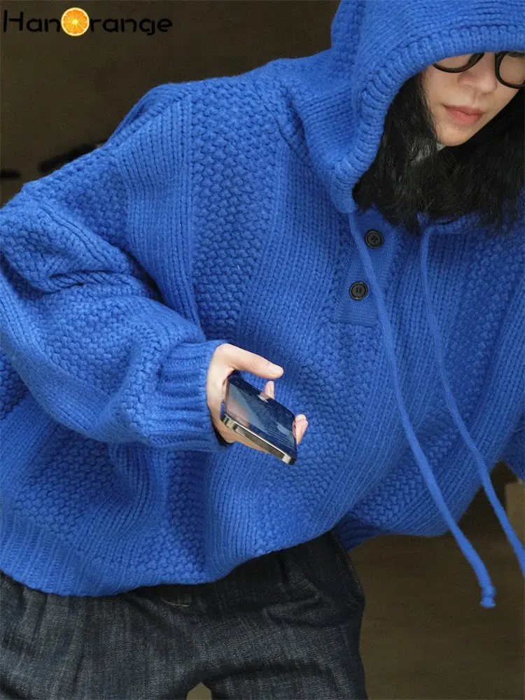 HanOrange 2024 Autumn Winter Hooded Woven Textured Sweater Women Textured Buttoned Casual Knitteed Top Female Beige/Klein Blue