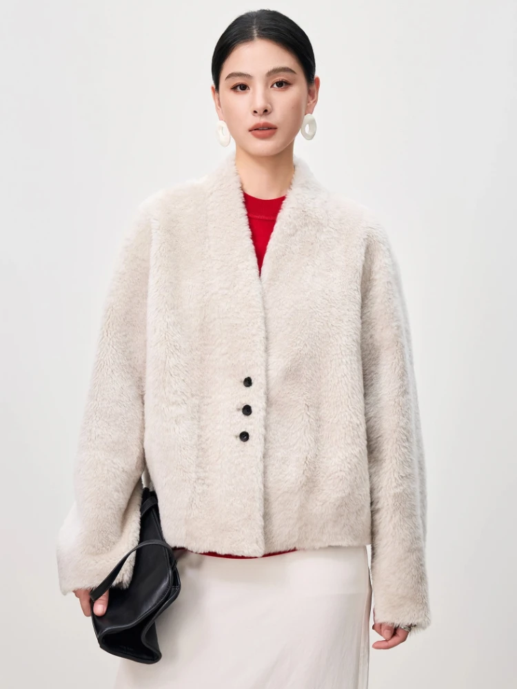 

High-end Luxury Merino Sheep Fur Lambswool Jackets for Women 2026 New Simple V-neck Short Winter Genuine Leather Real Fur Coat