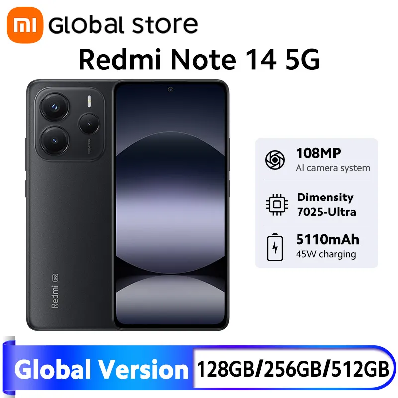 Versão Global do Smartphone Xiaomi Redmi Note 14 5G MTK Dimensity 7025 - Carregamento Turbo Ultra de 45W, NFC, Câmera de 108MP