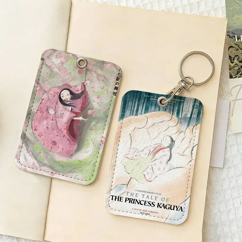 Anime Cosmic The Tale of The Princess Kaguya 1Pc PU Leather Card Holder Keychain Key Ring Door Lock Access Tags ID Card Case