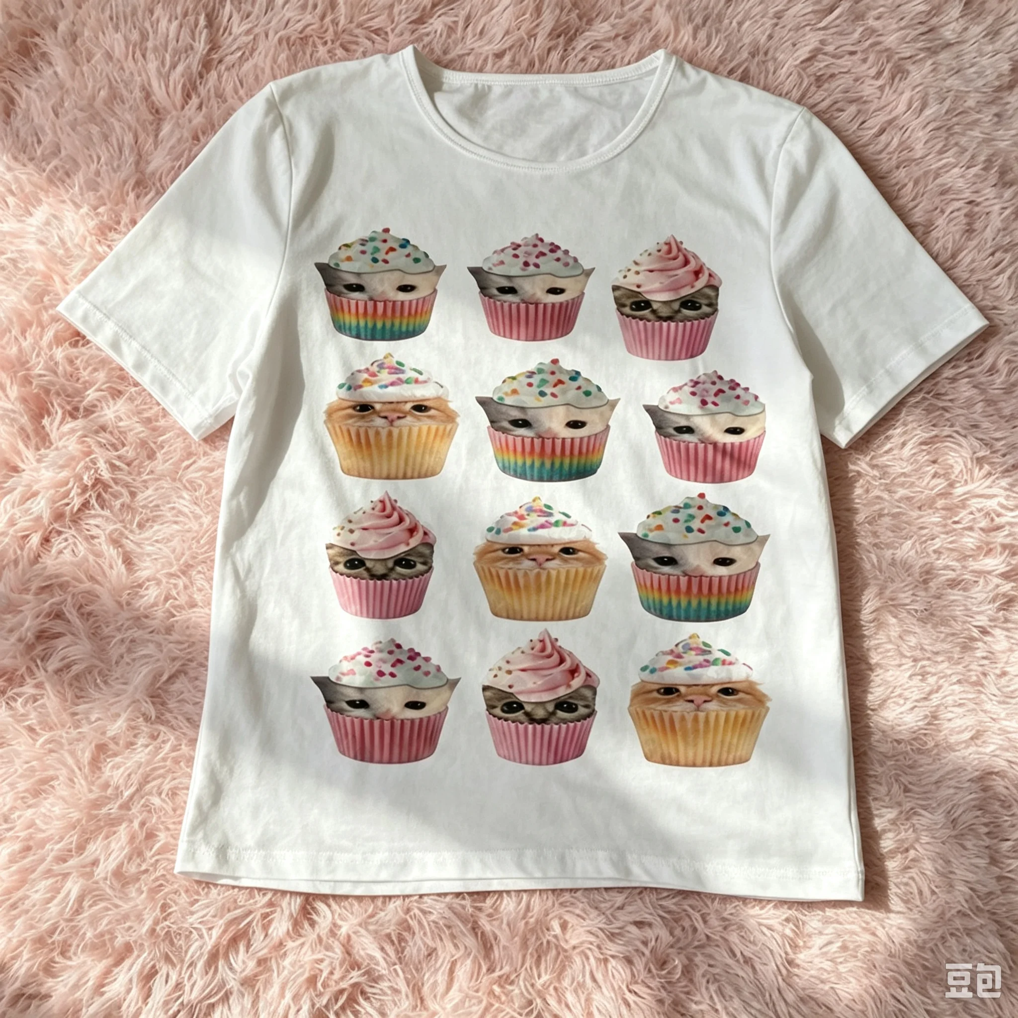 Niedliches Katzen-Cupcake-Grafik-T-Shirt für Damen, Kawaii Kätzchen-Gesicht Dessert-Print, Oversized Kurzarm-Freizeit-Baumwoll-T-Shirt für Katzenliebhaber – Detail 2