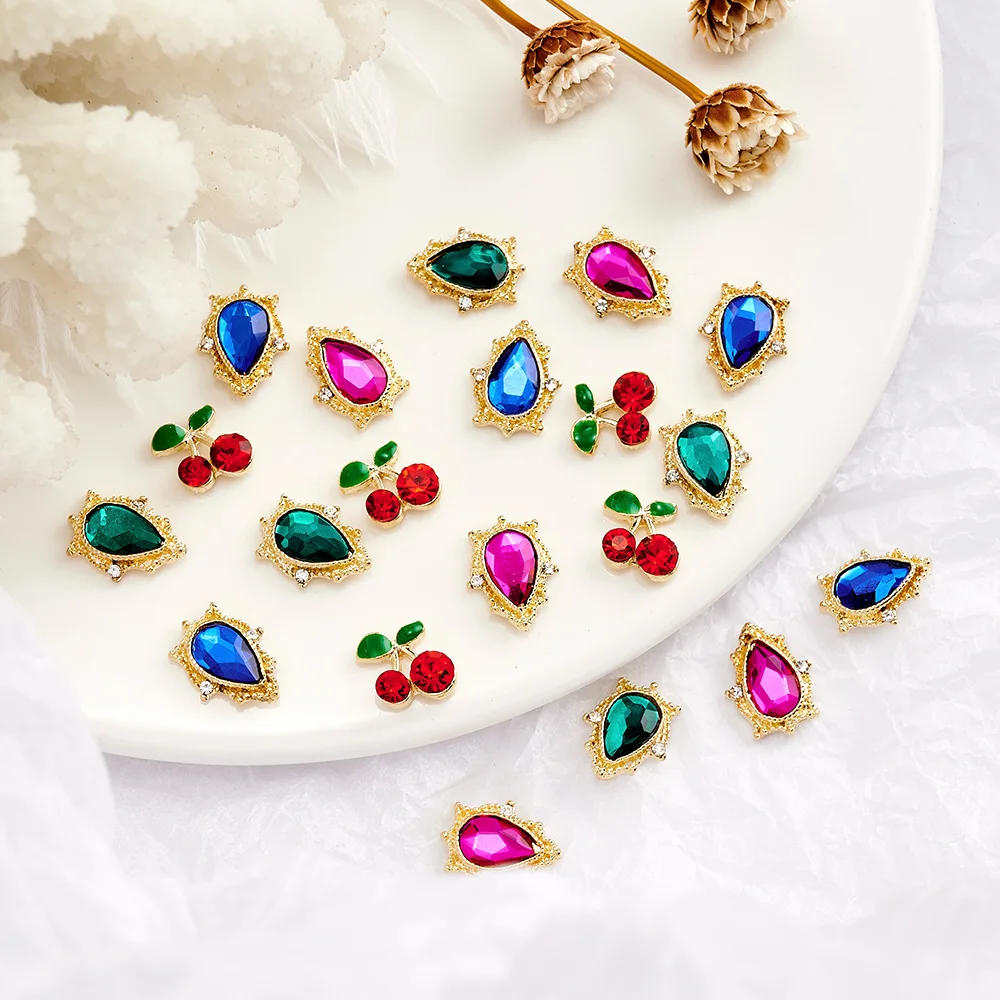Mini Cherry Nails Charms 3D Shiny Rhinestones Red Pink Cherry Nail Decoration Gold/Silver Alloy Resin Luxury Cherry Nail Jewelry