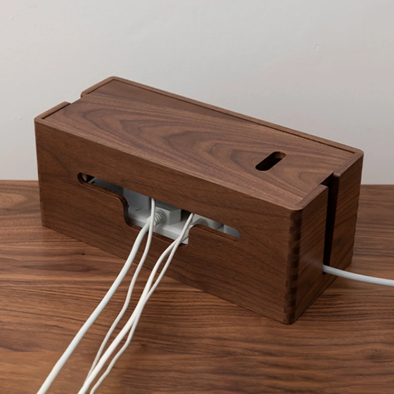 Solid Wood Cable Organizer Desktop Router and Power Strip Storage Box Wooden Wire Management Box for Home or Office