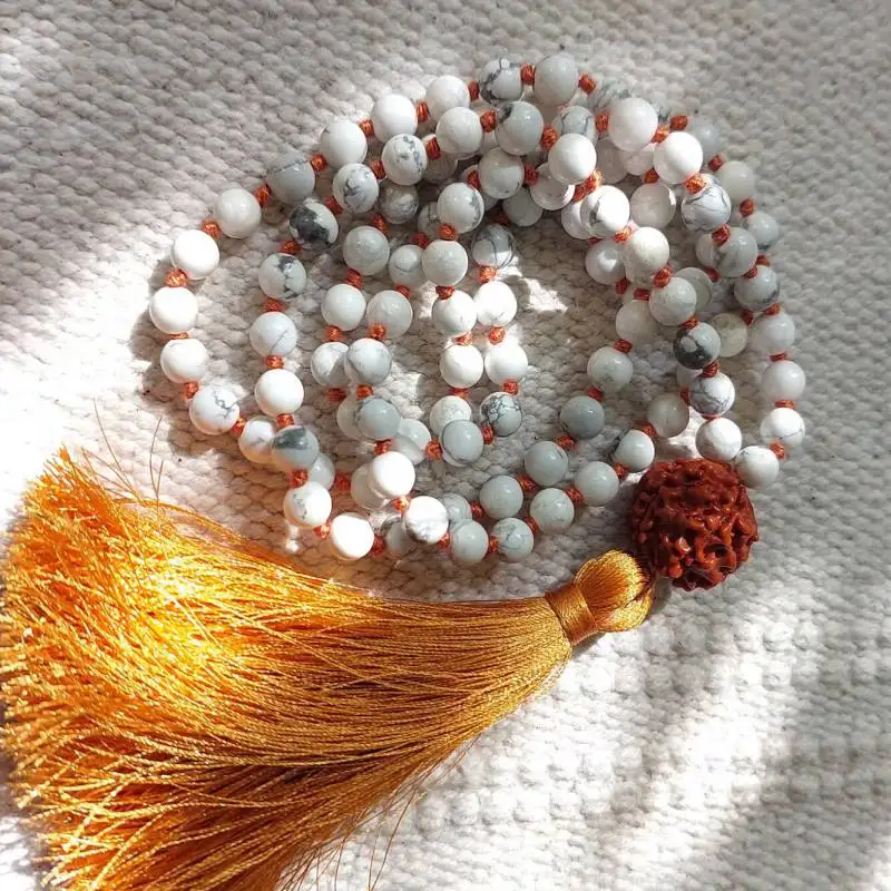 

Natural Howlite & Rudraksha 108 Mala Beads Necklace with Golden Tassel Calm & Devotion Healing Crystal Jewelry