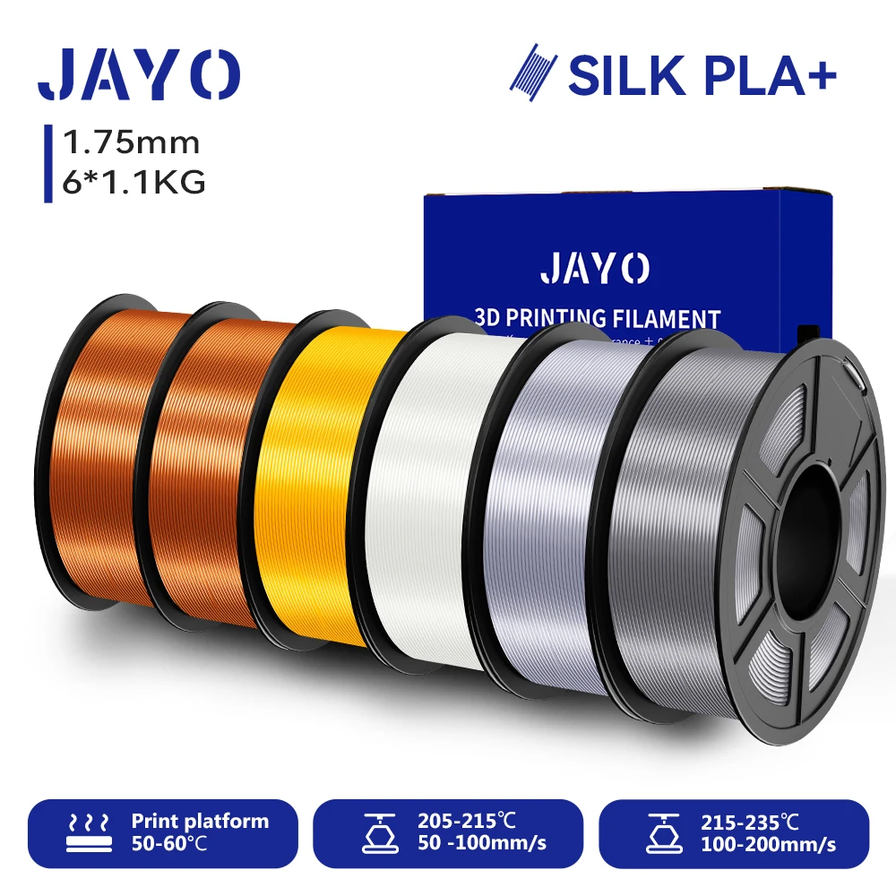 JAYO 6 Rollen SILK PLA + Filament 1,75 mm SILK PLA Plus Filament, glatte, seidige, glänzende Oberfläche, 3D-Filament, geeignet für FDM-Drucker