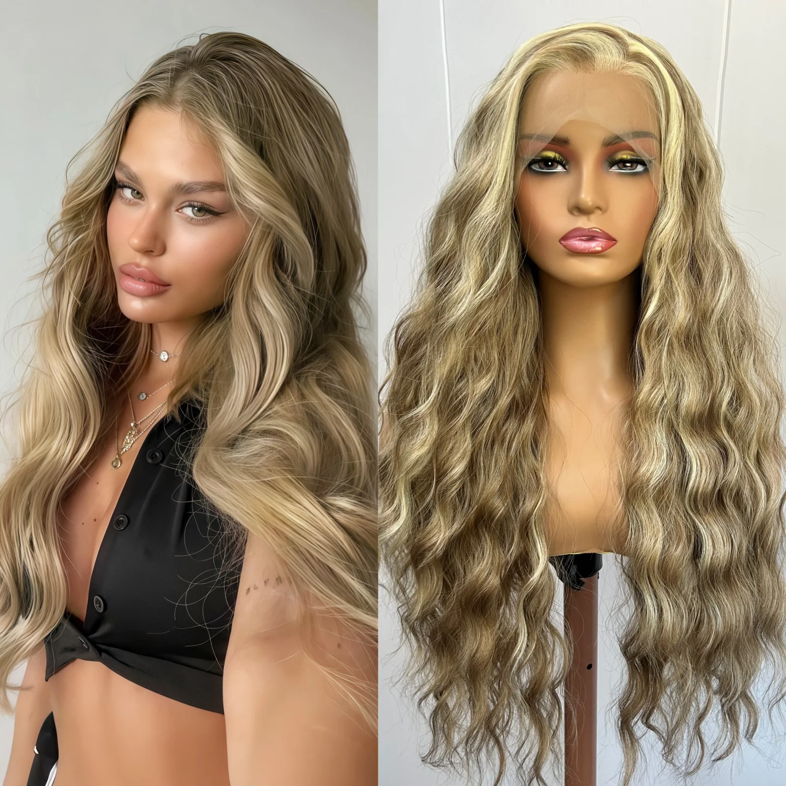 

Ash Blonde Brown Highlight Deep Curly Synthetic Lace Front Wigs for Women Free Part Pre Plucked Long Curly Wavy Ombre Daily Wig