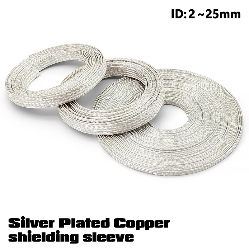 Multi-size 2~25mm Telescopic Silver Plated Copper Braided Net EMI Shield Sleeve Anti Interference All Kinds Signal Wires