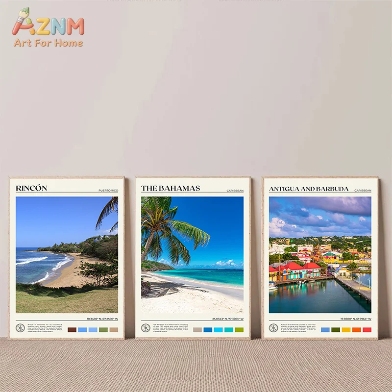 AZNM Frameless Canvas Poster Caribbean Travel Landscape Print, Cuba Havana Tropical Beach Palm Tree Vintage Tourism Wall Art Pic