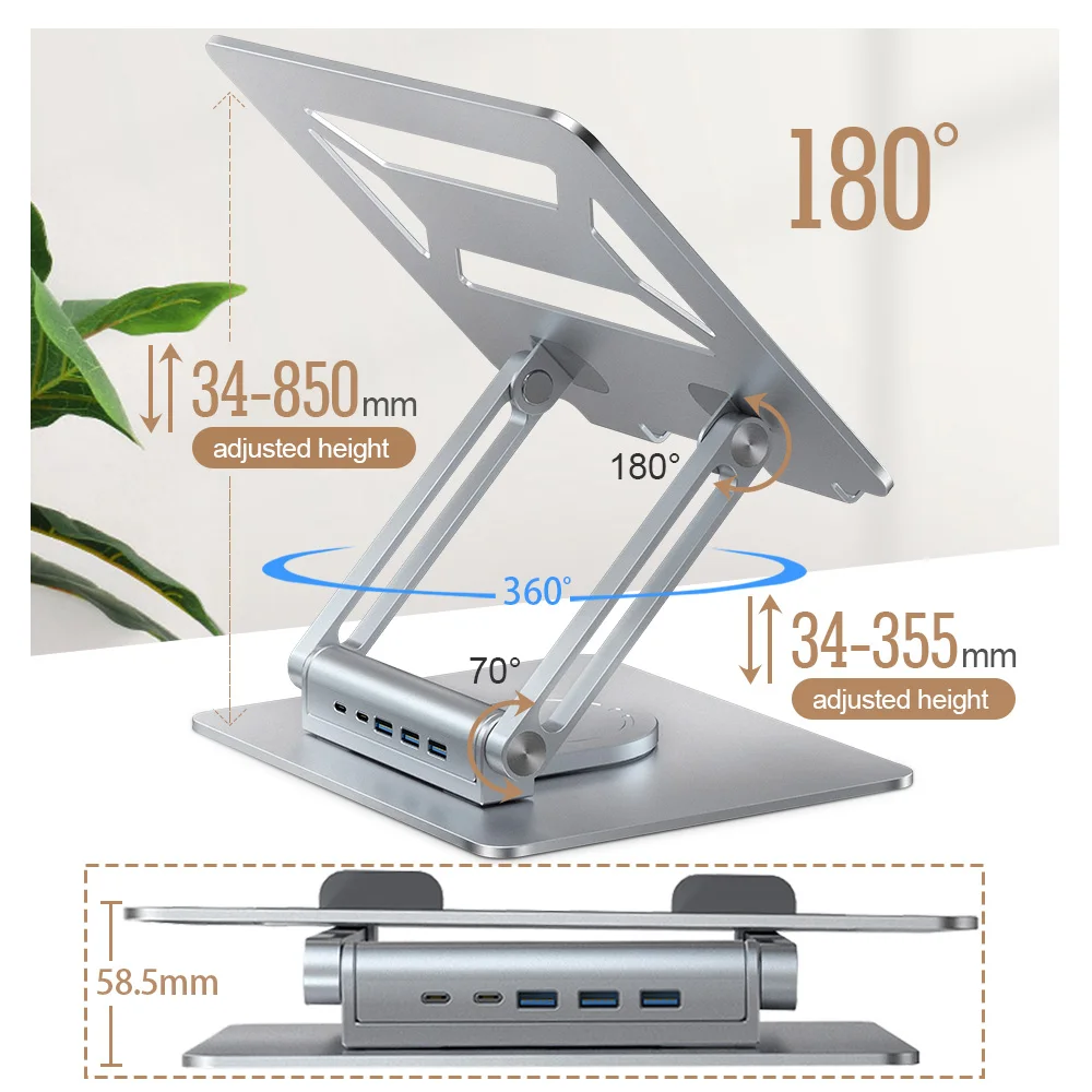 휴대용 금속 알루미늄 합금 4in1 게이머 노트북 베이스 지지대 접이식 홀더 조절 가능한 회전형 노트북 USB 스탠드 허브