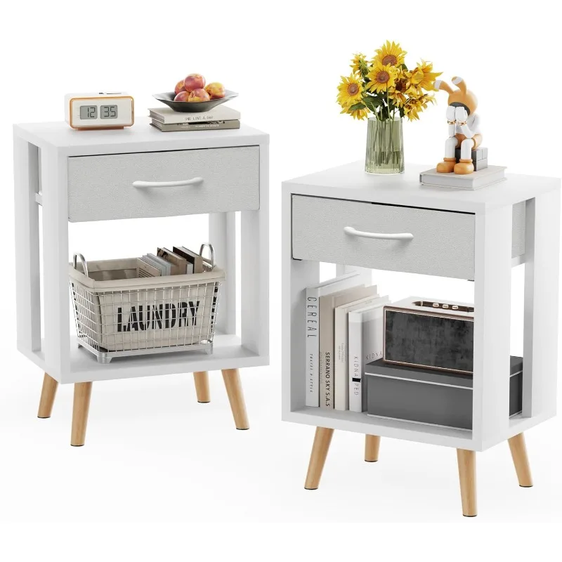 

Nightstands Set of 2 with Fabric Storage Drawer and Open Wood Shelf, Side Table with Storage for Bedroom, Night Stand
