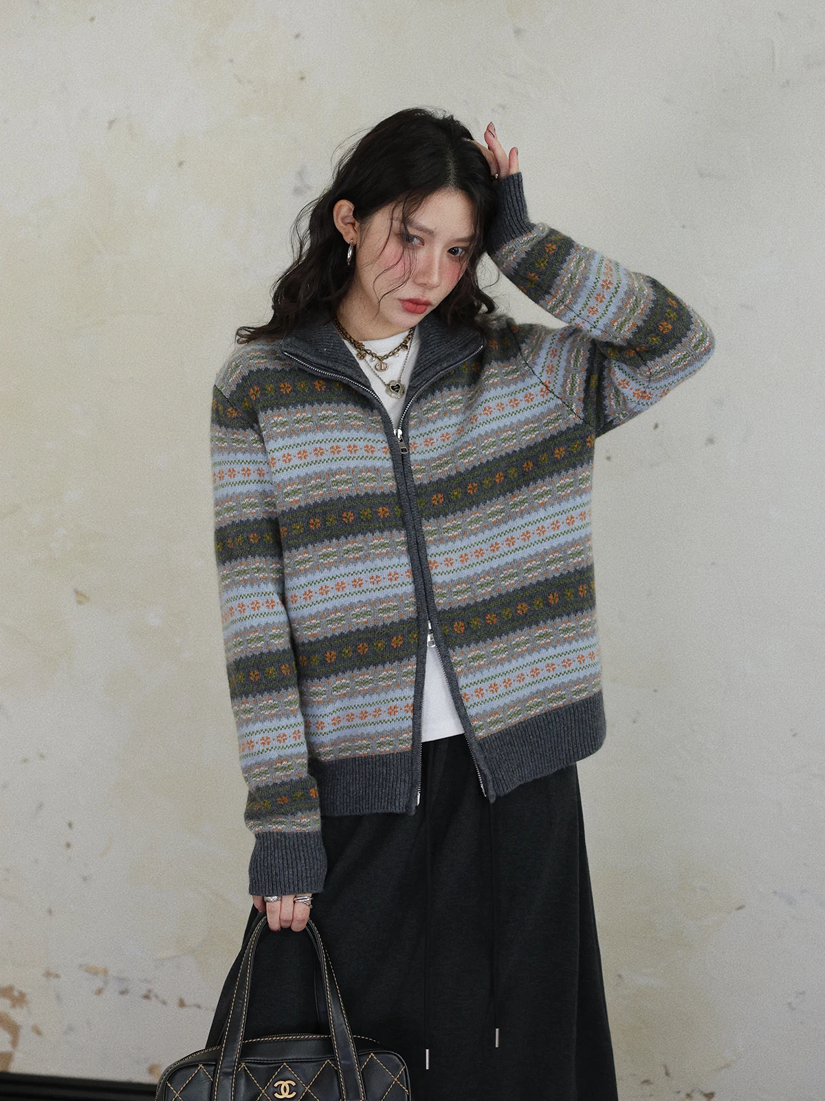 

Женский вязаный кардиган DR с воротником на молнии, из смесовой шерсти, зимний, толстый, с длинными рукавами, в полоску, винтажный стиль, эксклюзивно онлайн