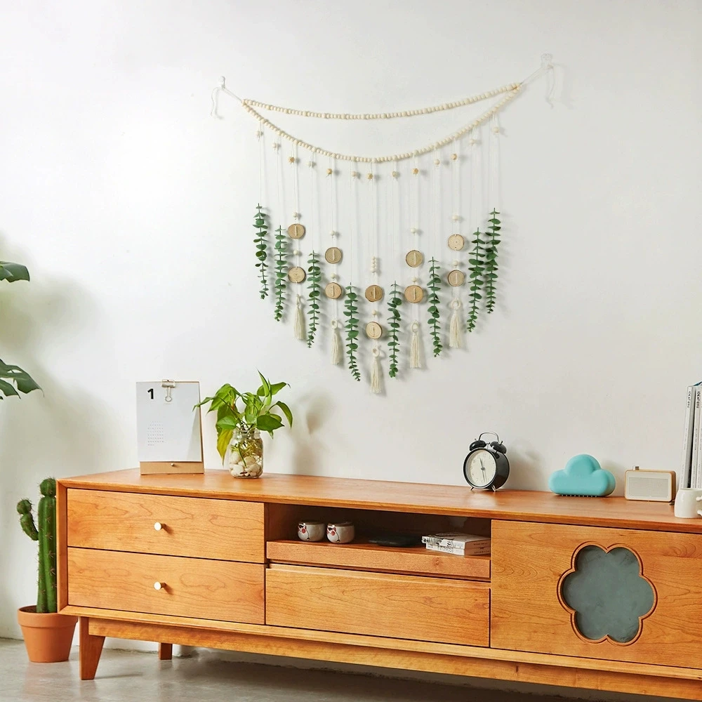 Nordic Bohemian Macrame Wall Hanging Room Decoration Tapestry Eucalyptus Leaf  Wall Hanging Handmade