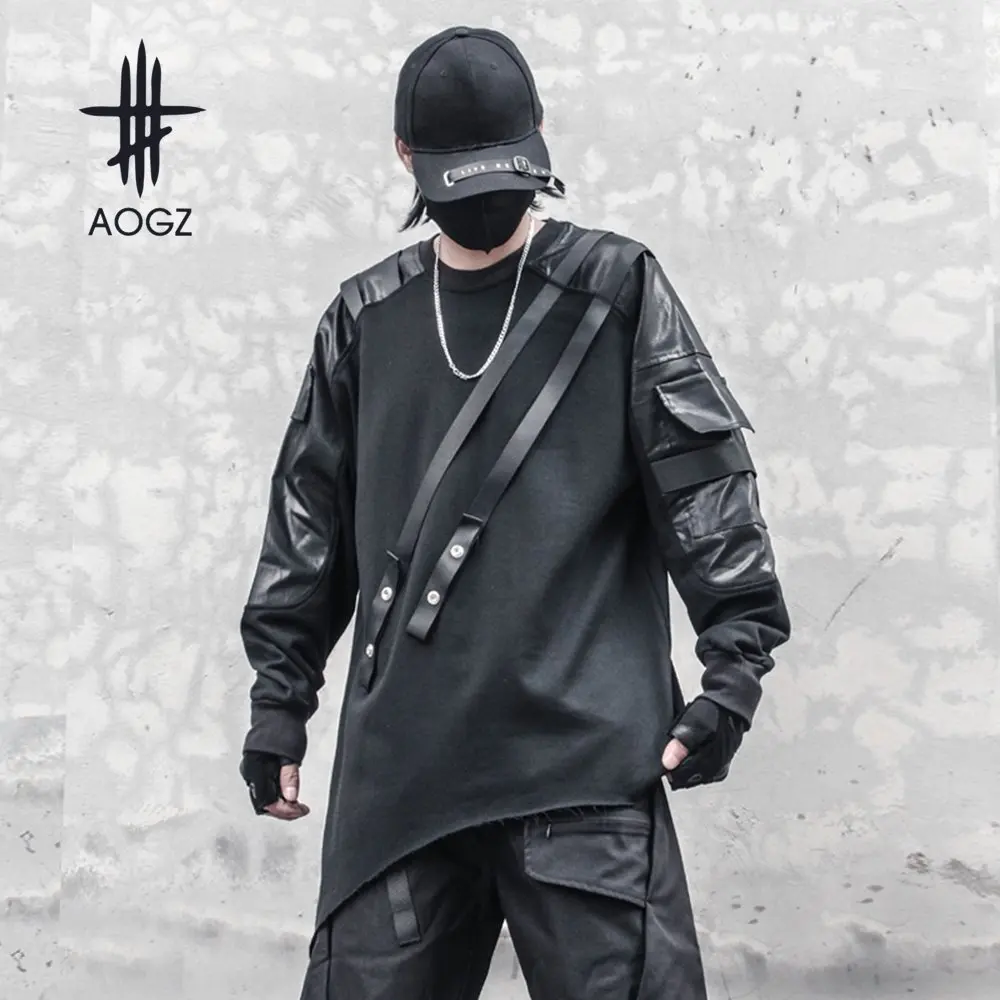 

AOGZ Long-sleeved Sweatshirt with Paneled Sleeves Irregular Hoodies Men Oversized Pullover Harajuku Techwear Streetwear Black