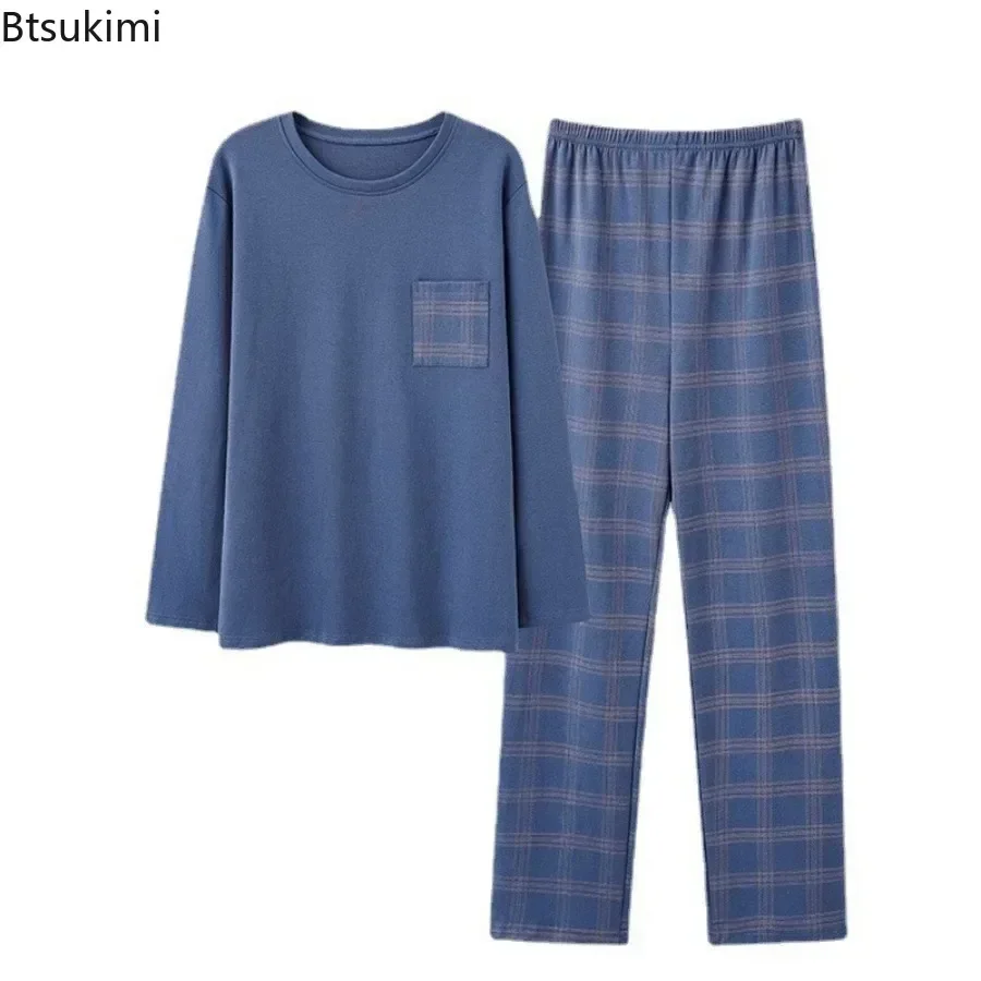 2024 Men's 100% Pure Cotton Sleepwear Two Pieces Fashion Patchwork Print Long Sleeve Trousers Loose Lounge Home Pajamas for Men