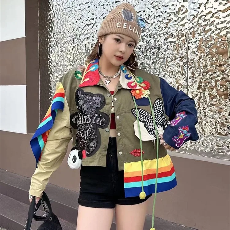 Thailand Tide Brand 2024 Spring New Heavy Industry Beads Splicing Short Tooling Jacket Women's Loose Jacket Cross-border