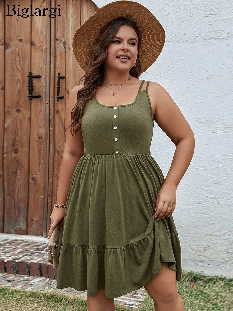 

Plus Size Summer Sleeveless Slip Dress Women Ruffle Pleated Loose Fashion Ladies Dresses Casual Woman Mini A-Line Dress