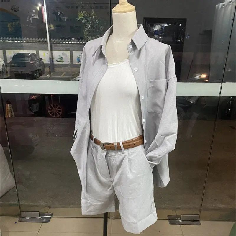 Women\'s Sets Fashion Button Pocket Short Pant Elegant Long Sleeve Lapel Shirt 2 Pieces Outfit 2024 Vacation Casual Matching Sets