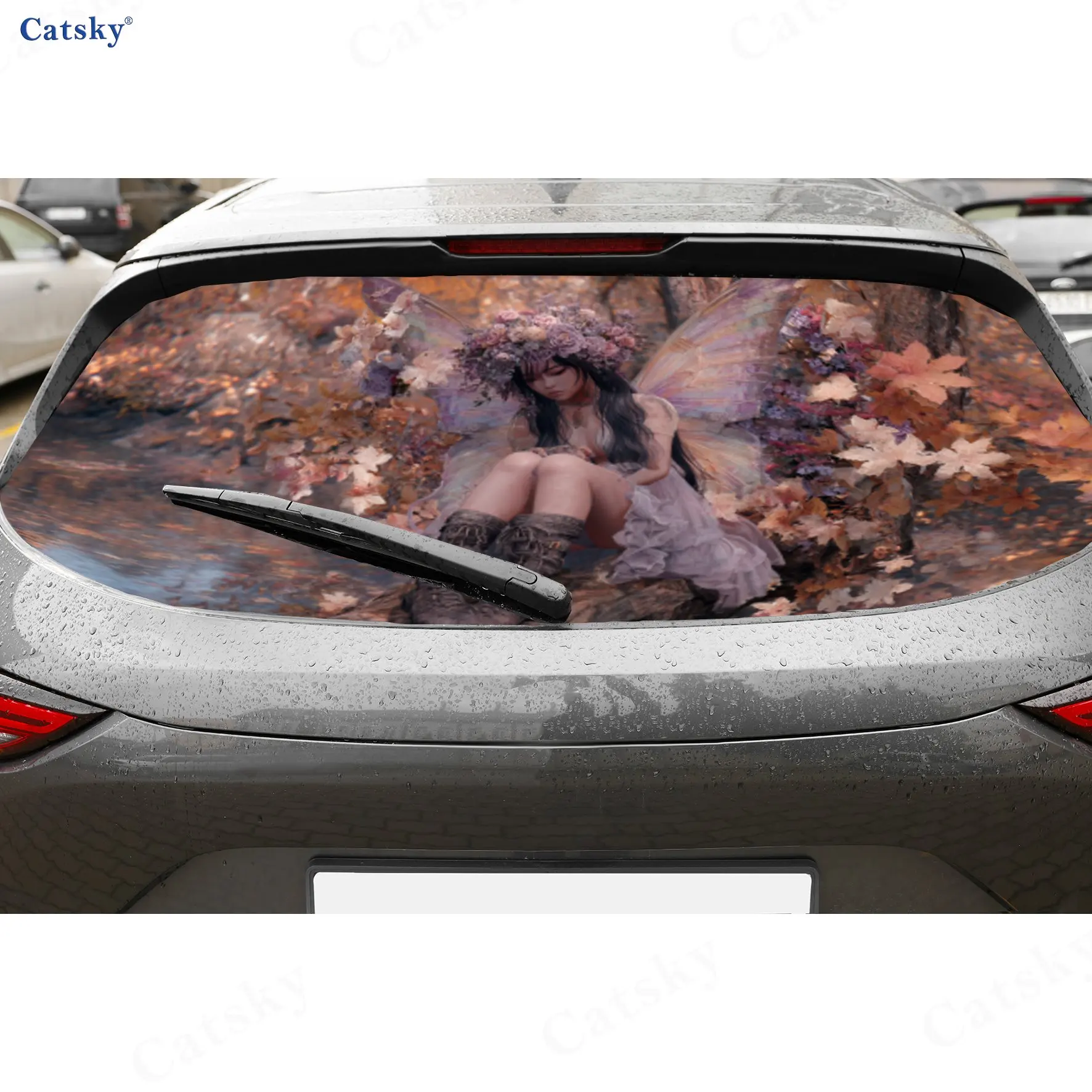 

Forest Style Wreath Fairy Branch PVC Perforated Car Vinyl Wraps, Durable Car Windshield Sticker, Waterproof Car Window Decal