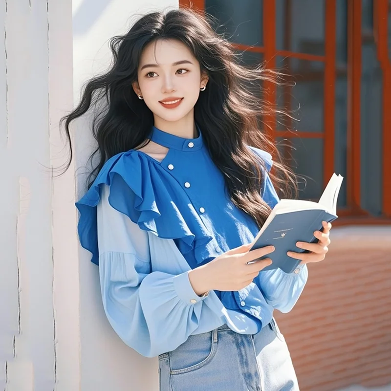 Haut en mousseline de soie pour femmes, simple boutonnage, oreilles, bord champignon, haut français, rue, automne, chemise ample d'épissure, nouvelle collection printemps