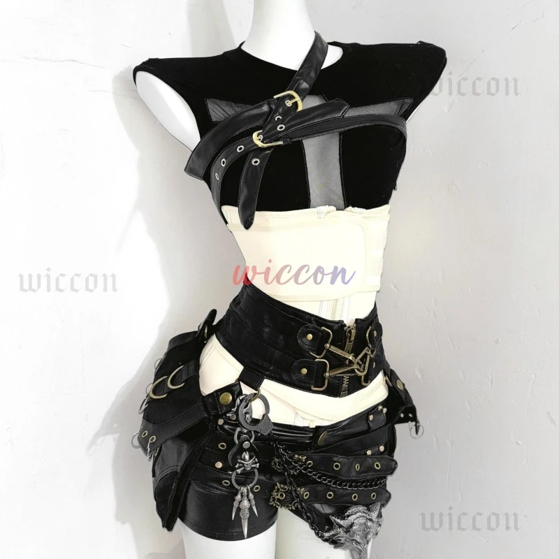 

Anime Devil's City Queen Unifrom Women Cool Girl Punk Cyber Dark Gothic Tshirt Leather Waist Cincher Mini Shorts Spicy Girl Set