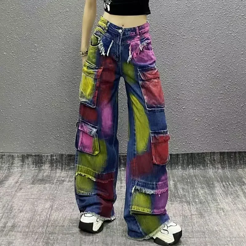 Stage Cool Painted Multi Pocket Jeans Women Clothes New High Waisted Loose Slim Versatile Straight Leg Wide Pants Streetwear