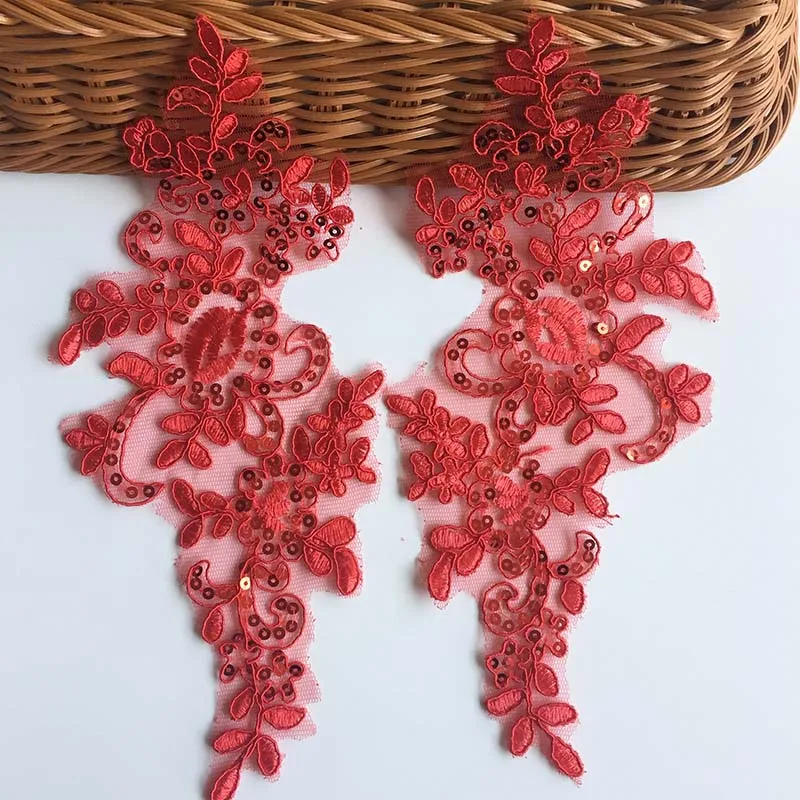 2Pcs Red Lace Applique Flower Sequins Lace Fabric Decoration For Garment Accessories Sew On Cloth Costume Craft