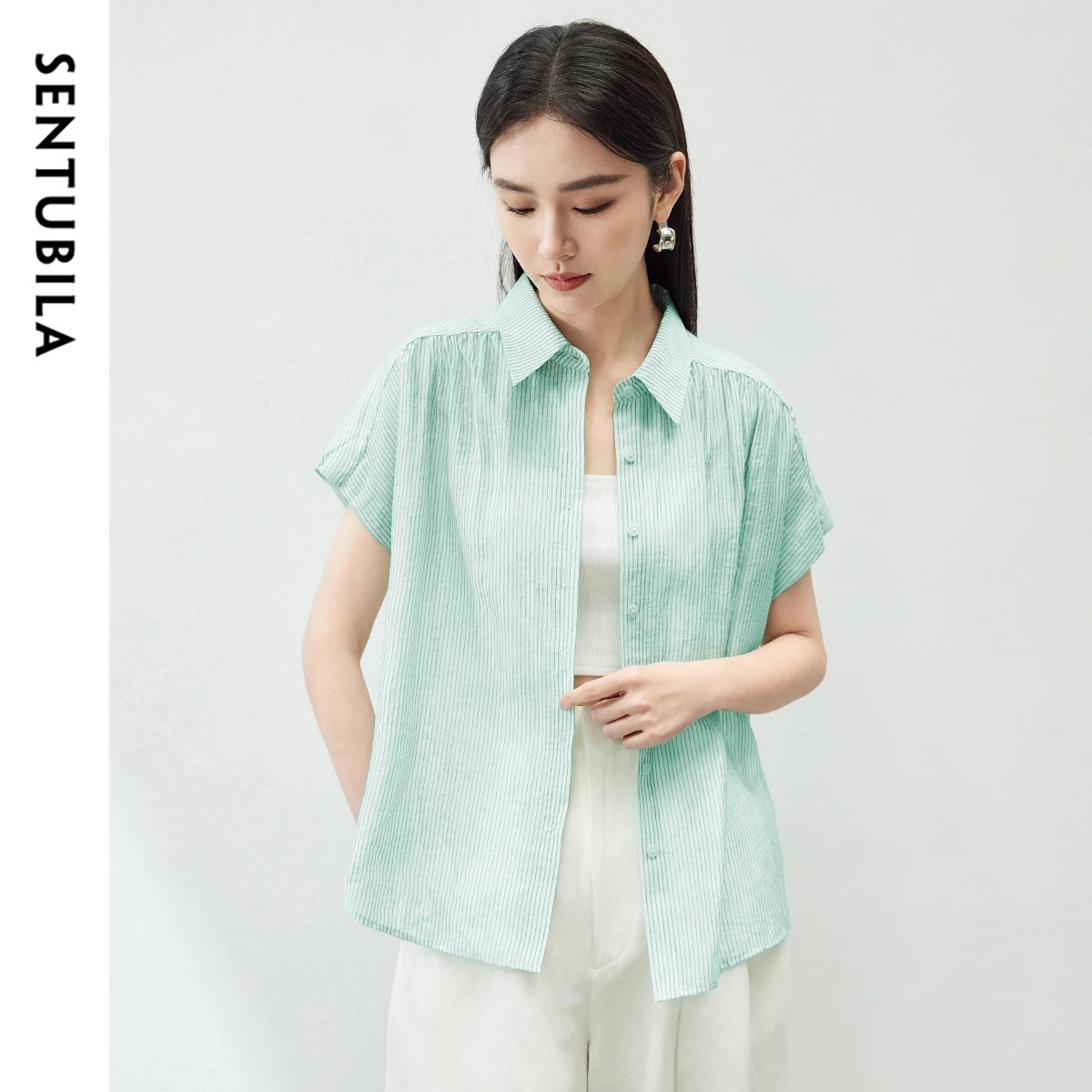 SENTUBILA Green Striped Casual Loose Polo Collar Shirts & Blouses 2025 Button Up Blouse Short Sleeve Top For Women 142C53893
