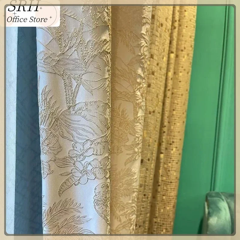 French Luxury Gold Embossed Embroidered Curtains for Living Room Bedroom Dining Fabric Precision Houndstooth Splicing Blackout