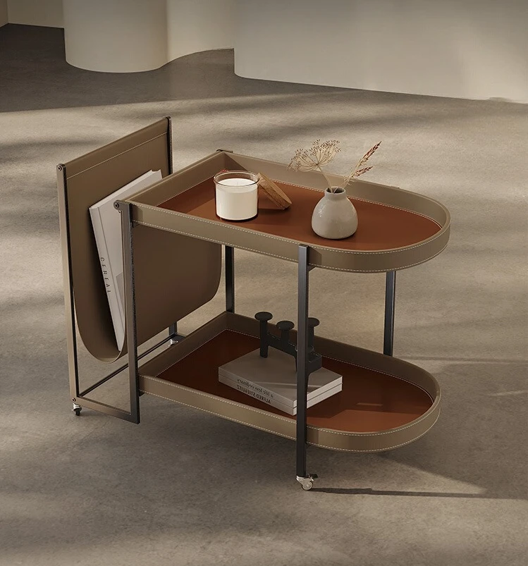 

Light luxury saddle leather edge few living room movable shelf designer balcony simple coffee table
