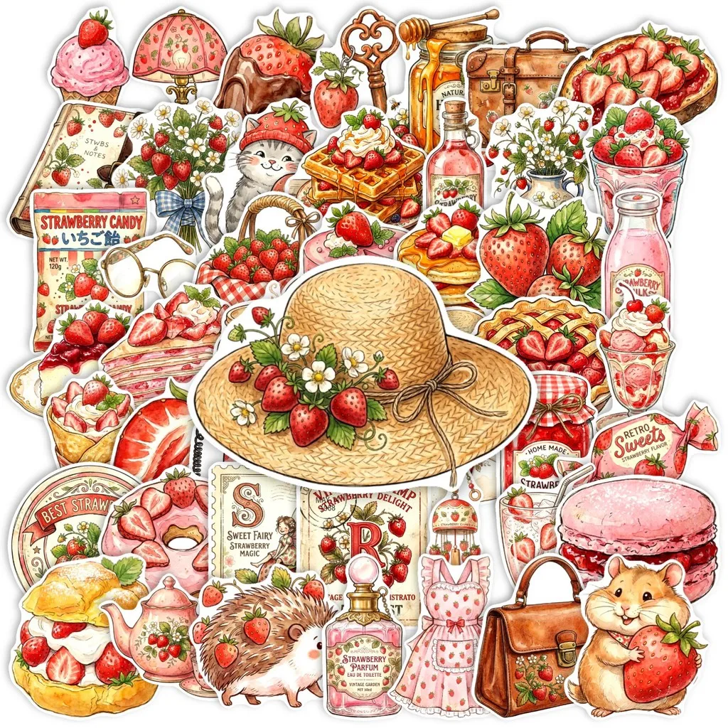 50Pcs Pink Strawberry Dessert Stickers, Waterproof Sweet Treat Decals for Journal, Notebook Golden Memory Stickers Store
