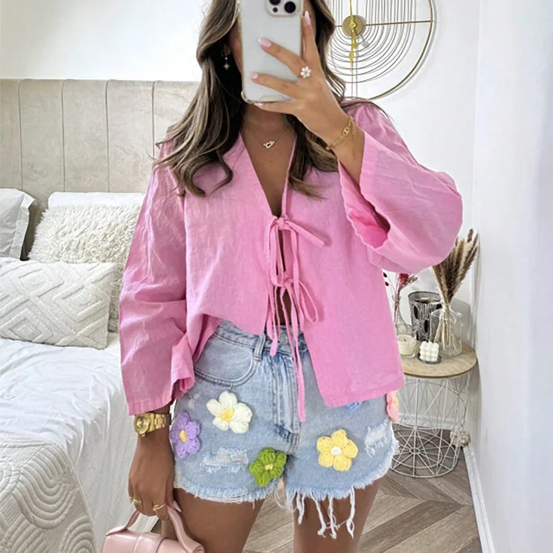 

Autumn New Versatile Solid Color Women Long Sleeved Shirt Fashion Lace Up Lady Casual Tops