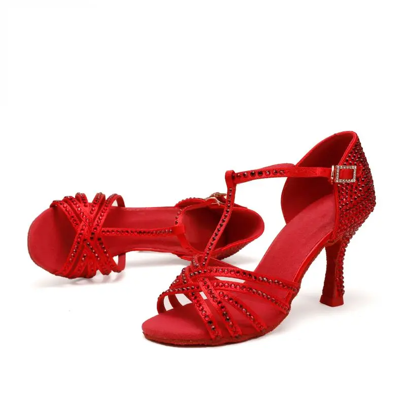 Red Latin Dance Shoes Women Rhinestone Satin Sandal Lady Ballroom Salsa Highheels Pro Soft Sole Comfortable Stable Heel SJdance