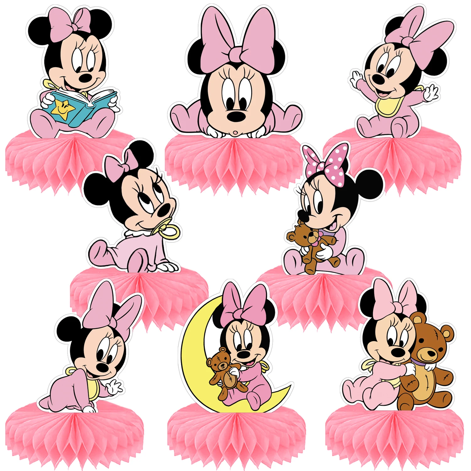 8Pcs Minnie Mouse Honeycomb Centerpieces Table Topper for Birthday Party Decoration Double Sided Cake Topper Party Favor Gifts