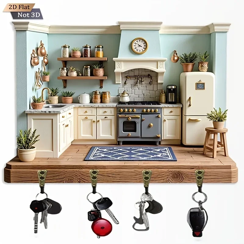 2D Flat Surface. 1-Pack Vintage Kitchen Key Hook - Wooden Multi-functional Decorative Key Holder with Four Metal Hooks, Wall