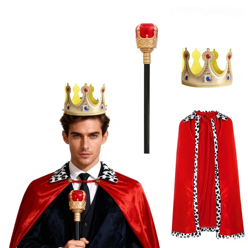3PCS King Queen Red Cape with Crown Scepter, Kids Adults Royal Robe Halloween Cosplay Party Costume Set