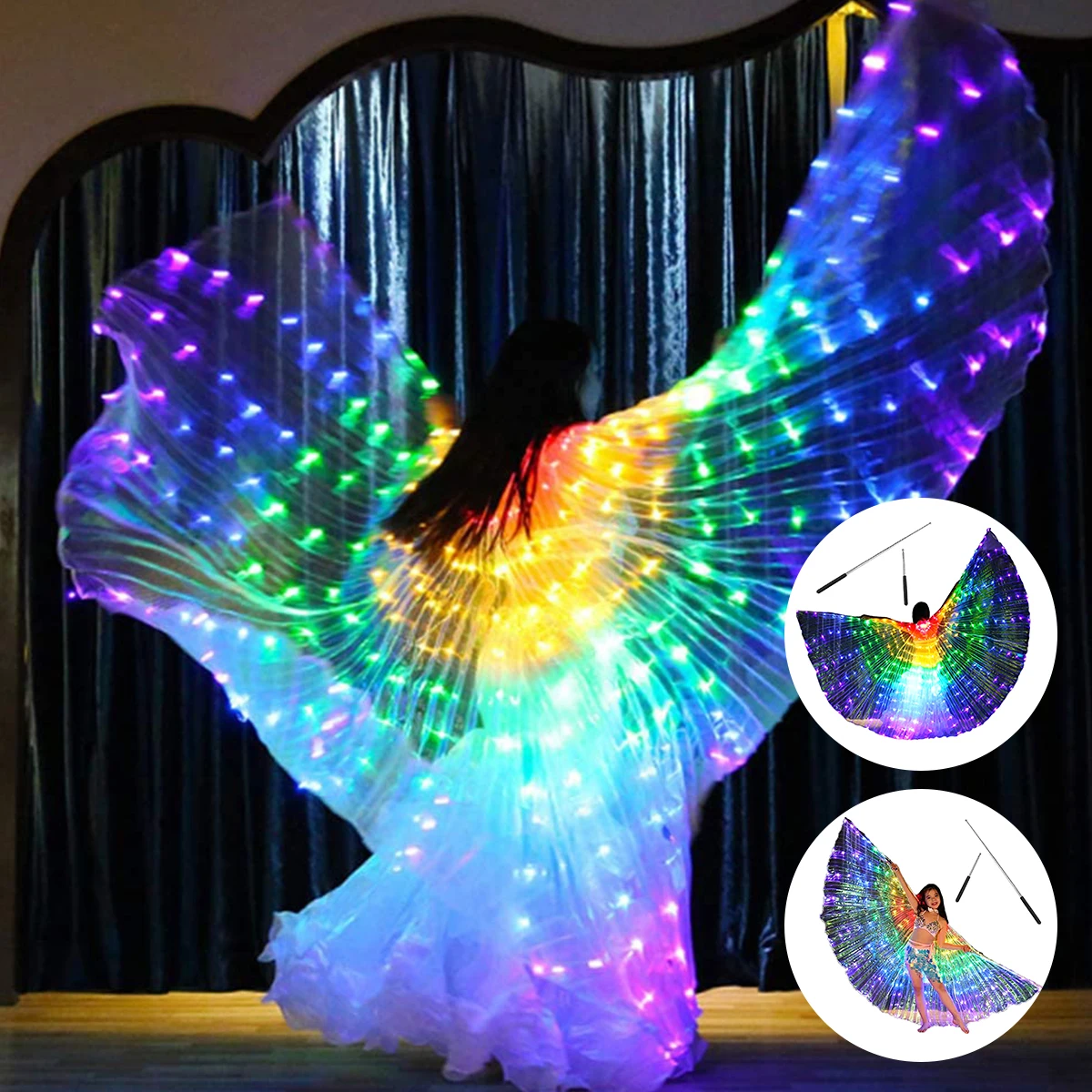 LED Isis Wings Belly Dance Wings Colorful LED Butterfly Wings w/ Telescopic Sticks Glowing Light Up Costume Performance Clothing