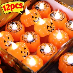 12/1x Mini LED Electronic Candle Lights Halloween Pumpkin Spider Web Lantern Flameless Flickering Candles Light Lamps Home Decor