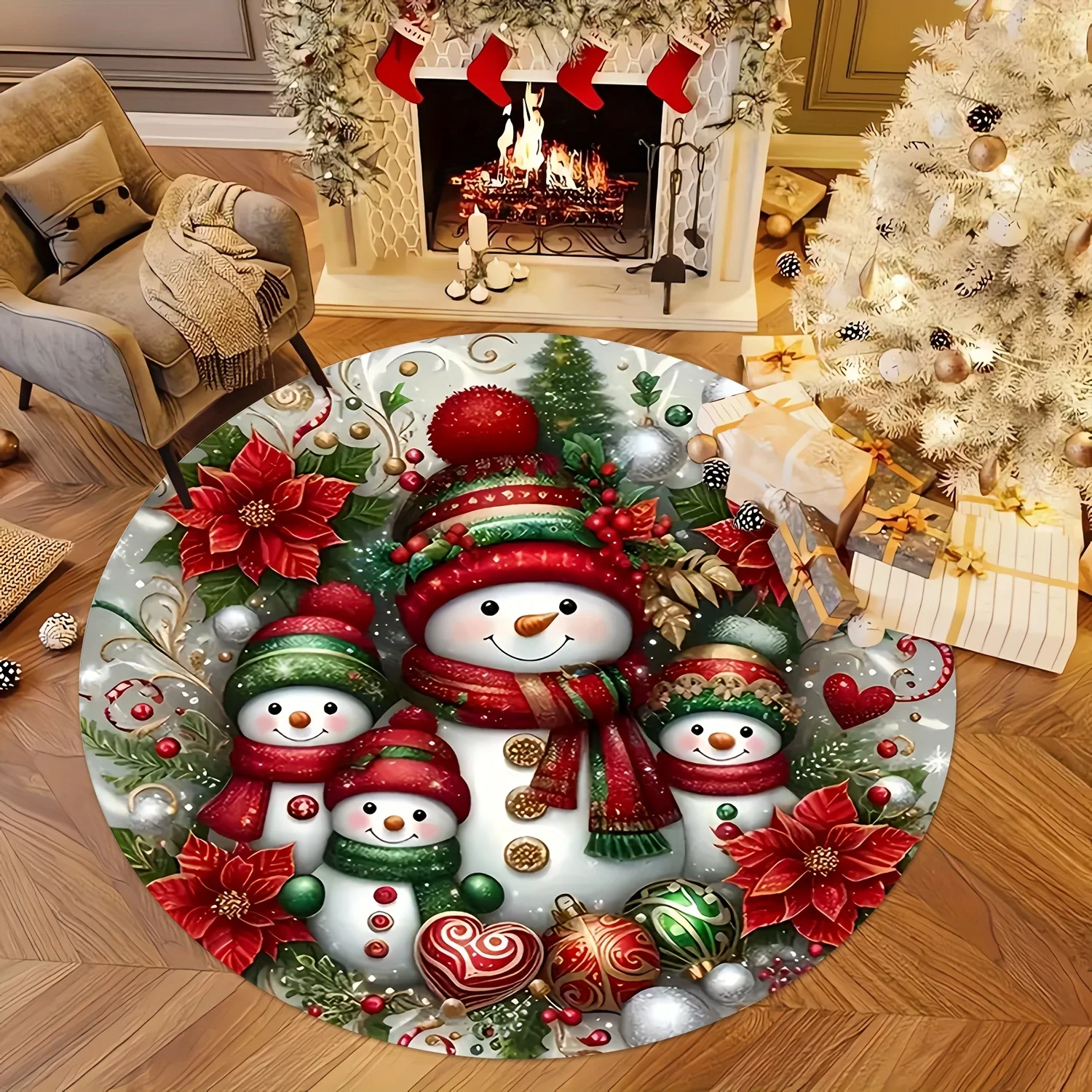 Snowman Family Ornament Wreath Round Rug For Kids Room Playful Xmas Vibe Non Slip Decorative Floor Mat