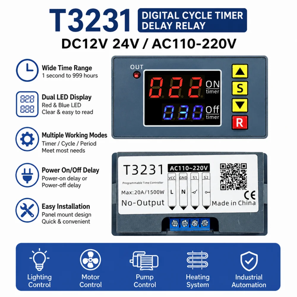 T3231 Zyklisches Zeitrelais, DC12V/24V, AC110V/220V Digitaler Zeitschaltuhr-Controller, Geeignet für Automobilanwendungen usw.