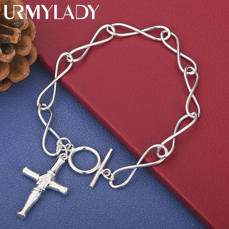 

URMYLADY 925 Sterling Silver Cross Pendant Bracelet For Women Men Fashion Wedding Party Gift Jewelry
