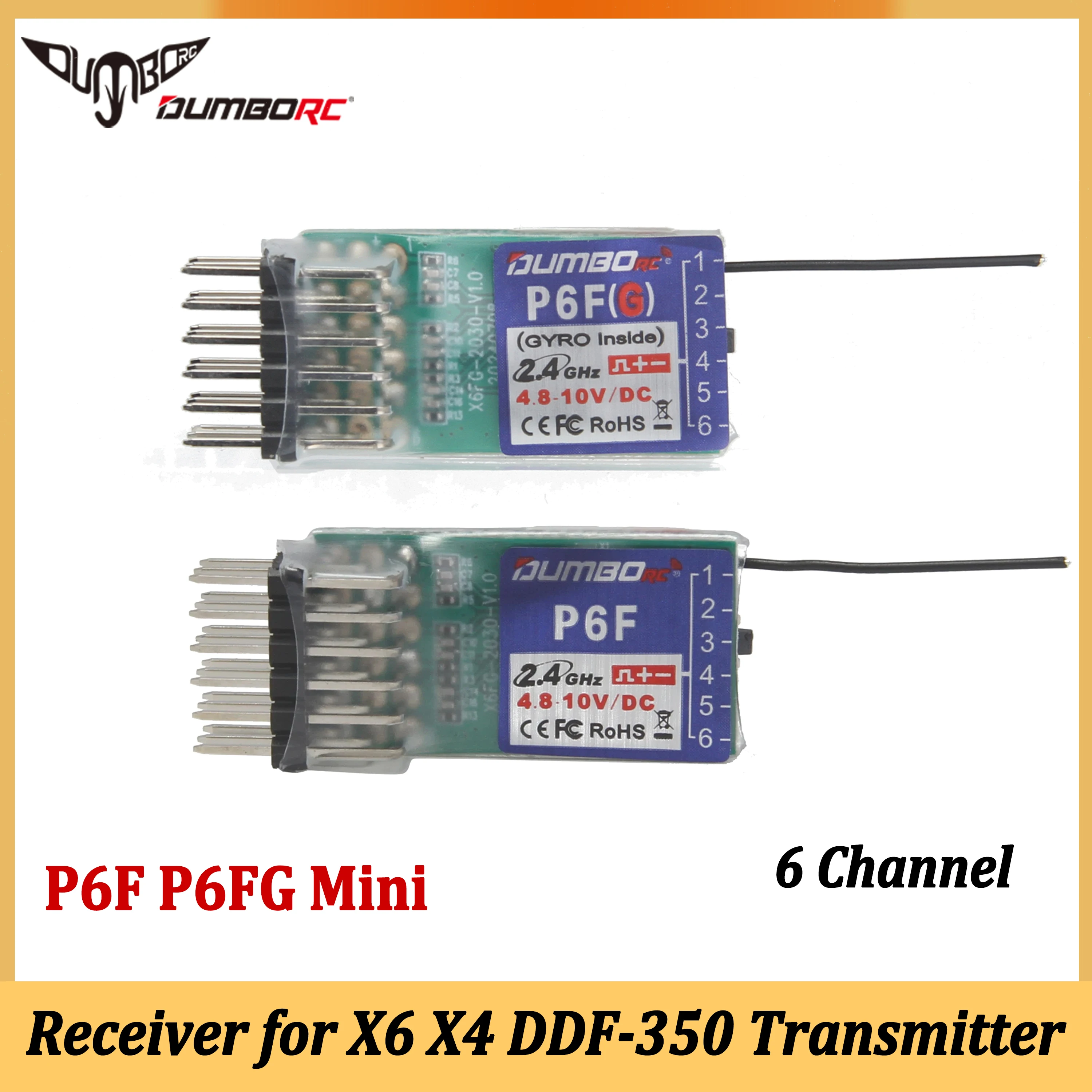 

DUMBORC 1/2PCS 6CH 2.4G P6F P6FG Mini Receiver 6Channel Gyro 4.8-10V for RC Car Boat X6 X4 DDF-350 Transmitter Remote Controller