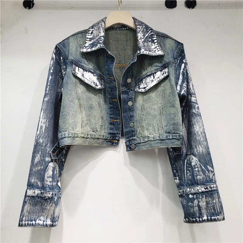 Spring Vintage Blue Short Denim Jacket Hand Paint Graffiti Tie-dye Printing Women Lapel Long Sleeve Jeans Jacket Coat Streetwear