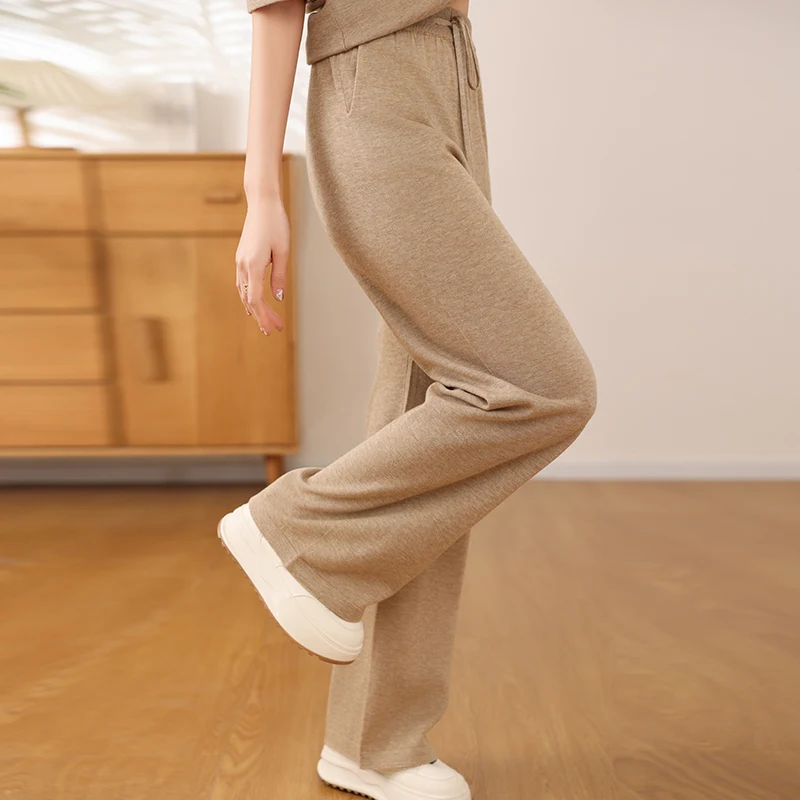 Spring&Autumn Classic Fashion Women Knitted Cashmere Wool Blend Wide Leg Pants Soft Cool Plane High-quality Basic Loose Pants