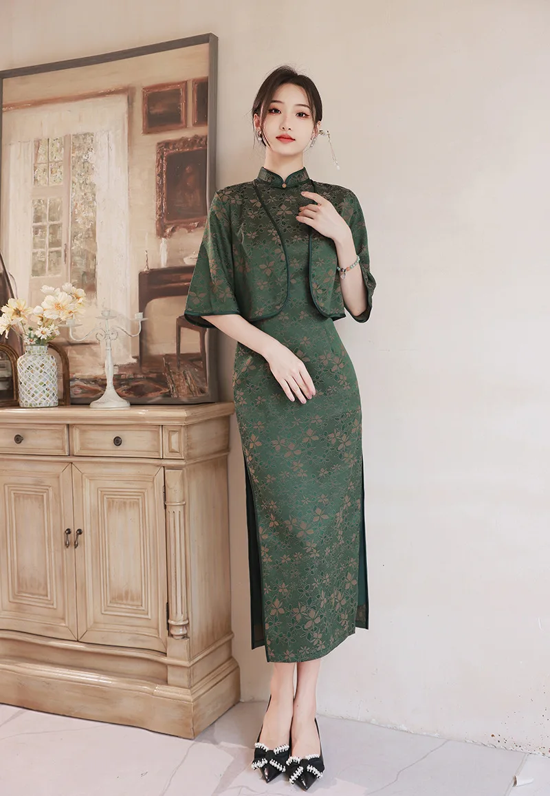 Sexy Slim Fit Long Qipao Autumn Cheongsam Set Shawl Two Piece Fashion Printing Elegant Temperament Chinese Traditional Dress