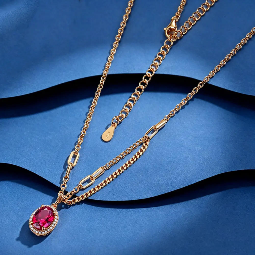 S925 Silver Necklace Retro Style Oval Red Treasure Thick Cuban Chain Splicing Paperclip Collarbone Chain Double-Layer Layered Necklace Elegant Light Luxury Valentine's Day/Commemorative Gift Birthday Gift Holiday Gift Unique Jewelry