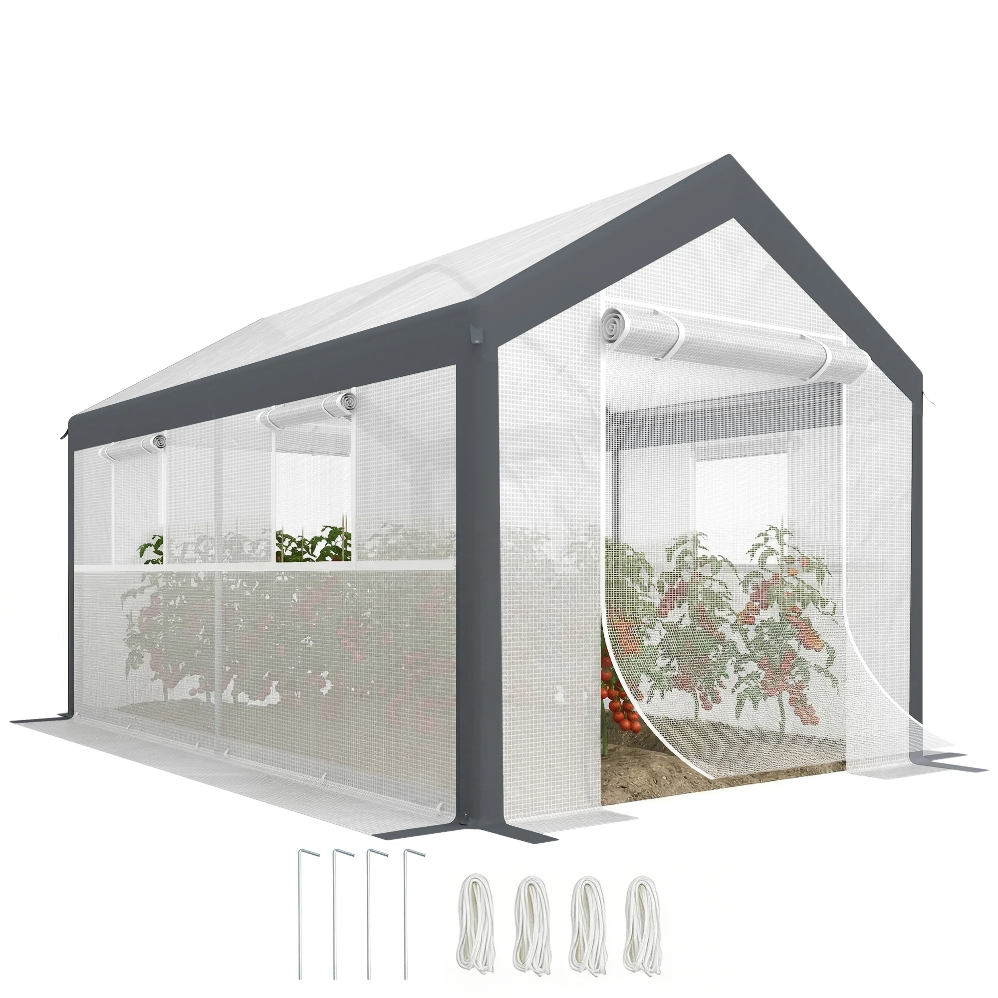 12' X 7' Large Walk-In Garden Greenhouse with Roll-Up Doors, 4 Windows