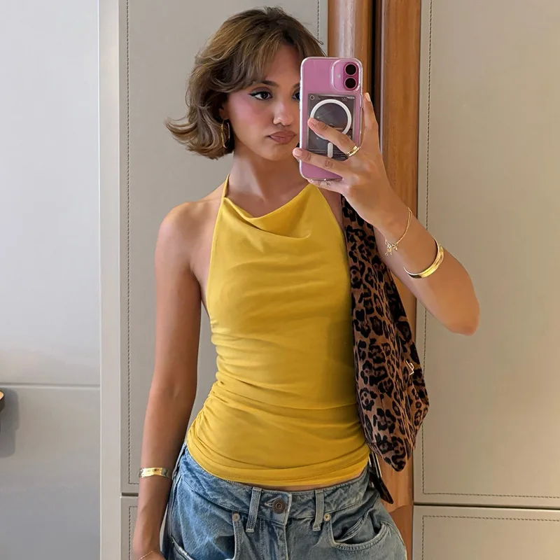 Elegant สีทึบ Backless SHEER ตาข่าย Halter TOP สําหรับผู้หญิงสไตล์และเซ็กซี่แฟชั่นสวมใส่สบายๆ Elegant เสื้อกล้ามแขนกุด