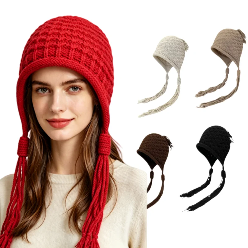 Unisex Winter Chunky Knit Ear Flap Hat Long Tassel Thermal Warm Beanie Cap Outdoor Ski Cycling Hat for Men Women Multiple Colors