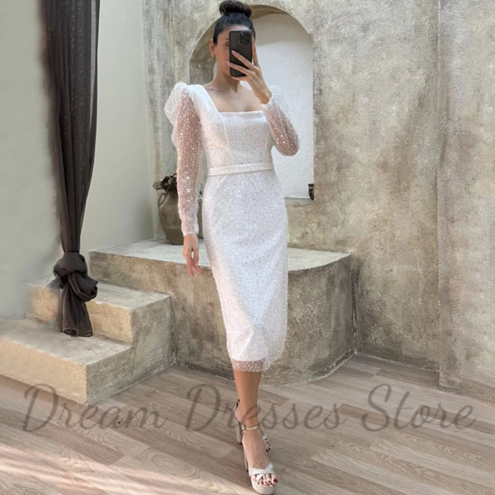 Shiny Sequin Short Evening Dress Square Collar Puff Long Sleeves with Belt Tea-Length Straight Back Slit Women Party Gowns